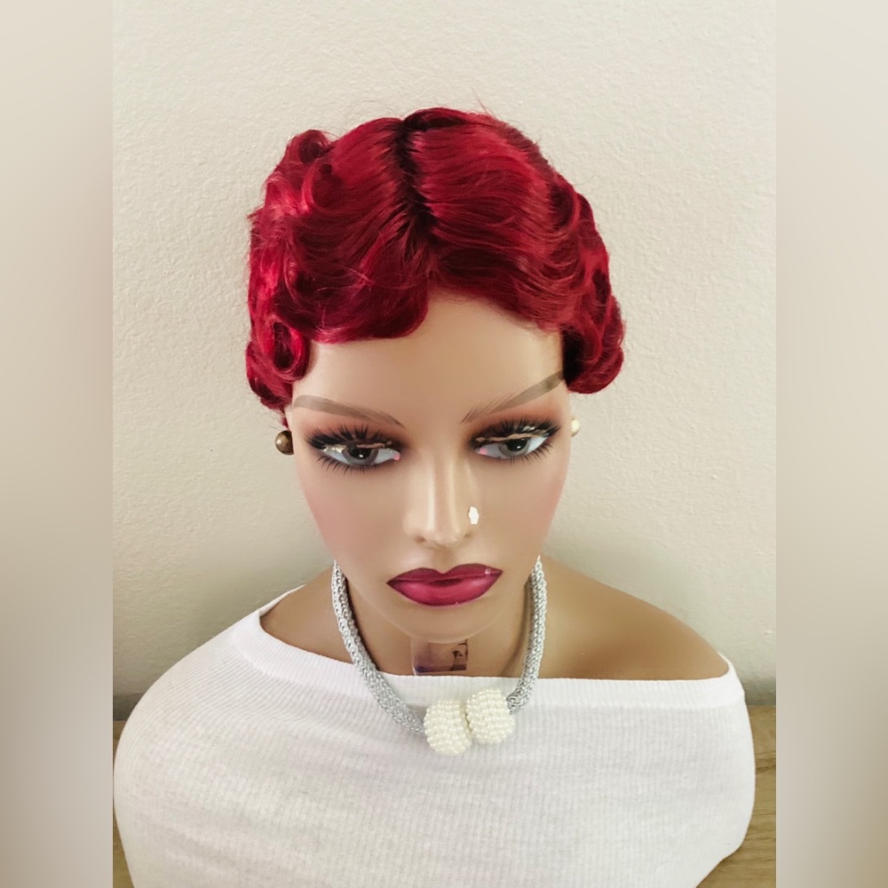 Cheap Synthetic synthetic finger wave wig woman Full machine made Small cap